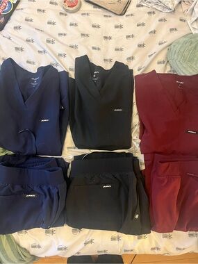 Jaanuu Navy, Black & Burgundy Scrub Tops and Jogger Pants Set